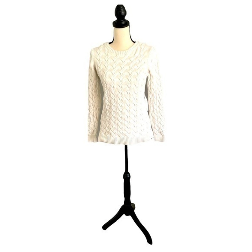 Lands End White Cable Knit Sweater Size Small Tall